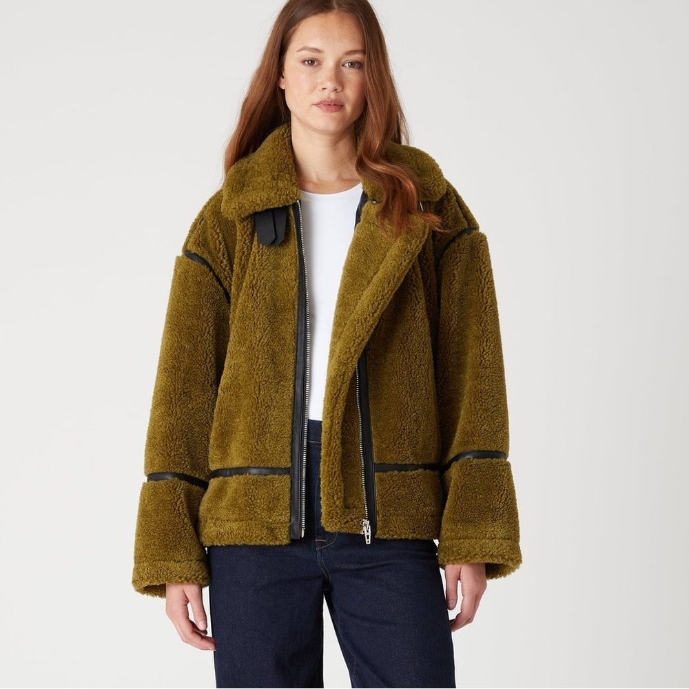Blank NYC Self Talk Sherpa Moto Jacket Moss Green - L